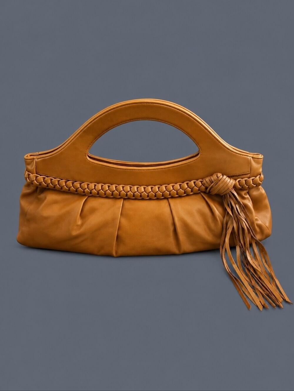 Vtg NEWPORT NEWS 1994 Light Brown Braided Fringe Leather Clutch Bag